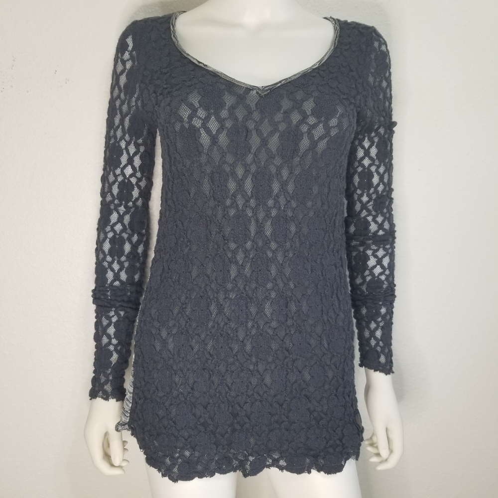 CUSTO BARCELONA MEDIUM BLUE LACE SILVER METALLIC STRIPE LONG SLEEVE TOP SIZE 2